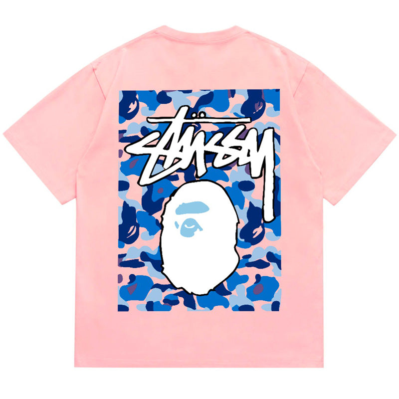 BAPE x Stussy Ape Head Tee - Pink & Red