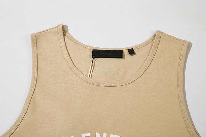Fear of God Flocked Letter Crew Neck Sleeveless T-Shirt – Khaki / Black