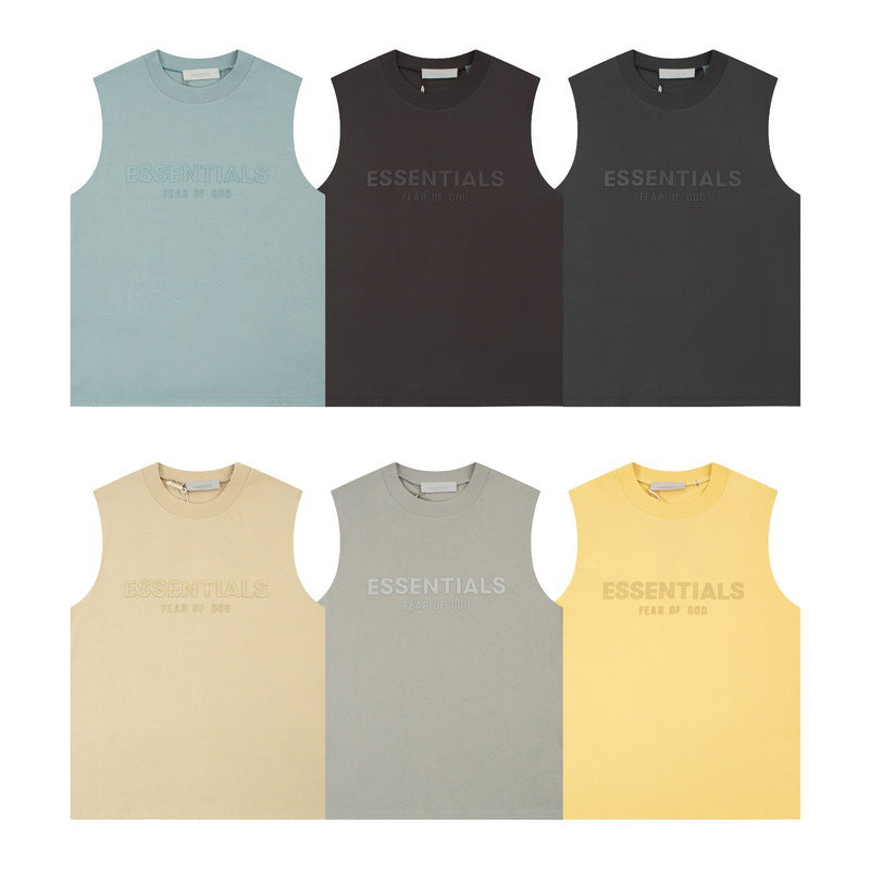 Fear of God Flocked Logo Letter Print Sleeveless T-Shirt – Yellow / Sycamore Blue / Light Black