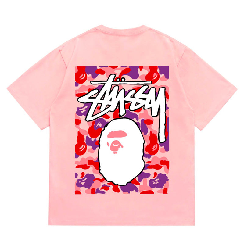 BAPE x Stussy Ape Head Tee - Red & Pink