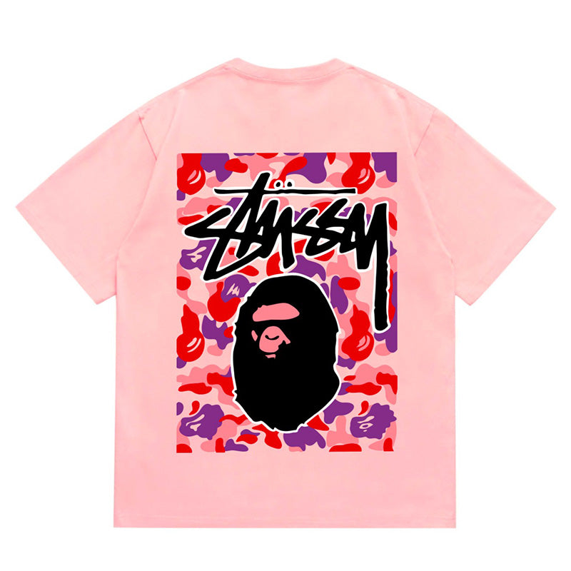 BAPE x Stussy Ape Head Tee - Pink & Red