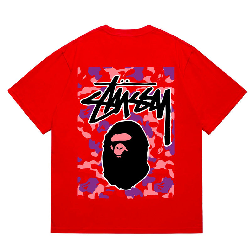 BAPE x Stussy Ape Head Tee - Pink & Red
