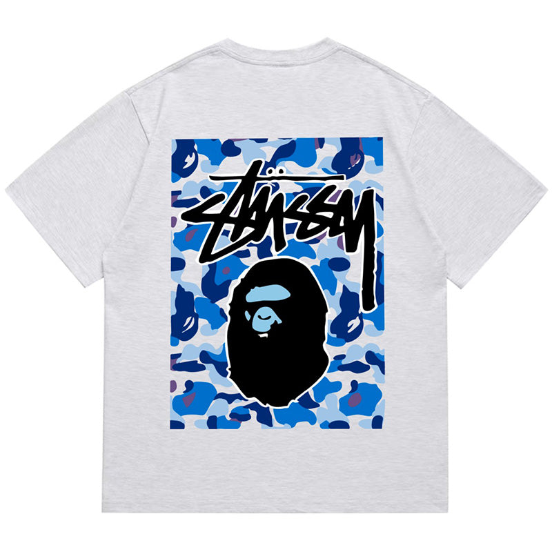 BAPE x Stussy Ape Head Tee - Red & Gray