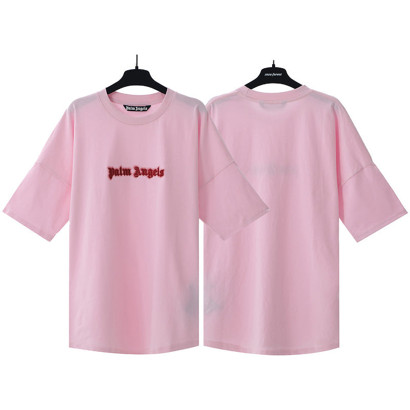 Palm Angels Velvet Embroidered Gothic Logo Oversized T-Shirt – Pink