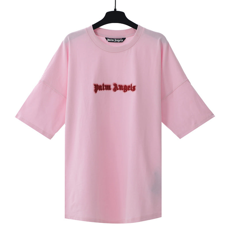 Palm Angels Velvet Embroidered Gothic Logo Oversized T-Shirt – Pink
