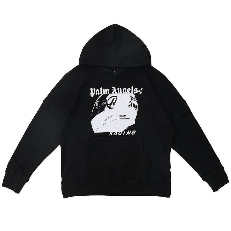 Palm Angels Racing Helmet Print Hoodie – Black Men's Graphic Cotton Hoodie