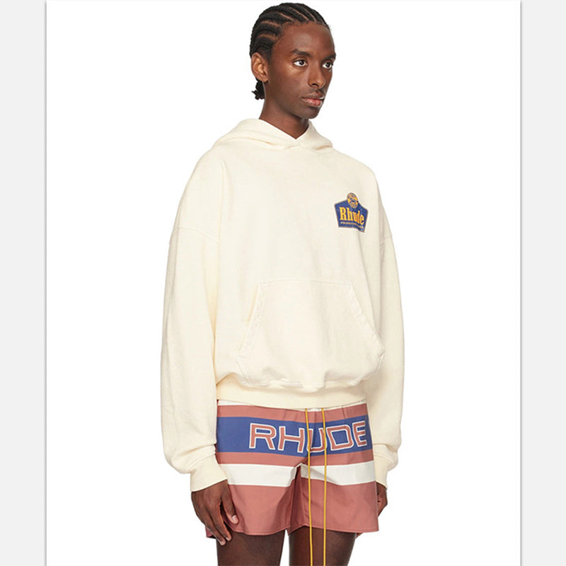RHUDE Premium Brand Chest Patch Logo Hoodie – Retro White
