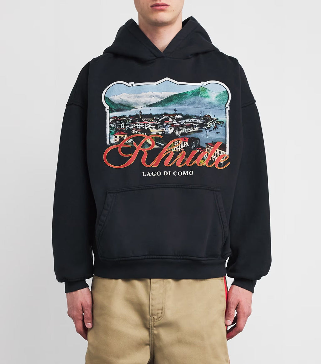 RHUDE x Harrods Lago di Como Vintage Postcard Graphic Hoodie – Black