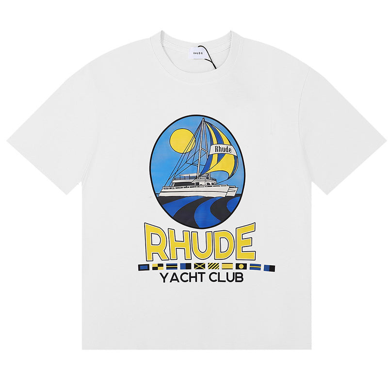 RHUDE Yacht Club Logo-Print Cotton-Jersey T-Shirt – Apricot / Black / White