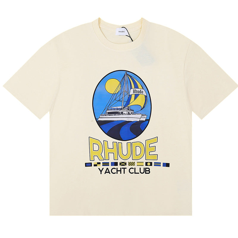 RHUDE Yacht Club Logo-Print Cotton-Jersey T-Shirt – Apricot / Black / White