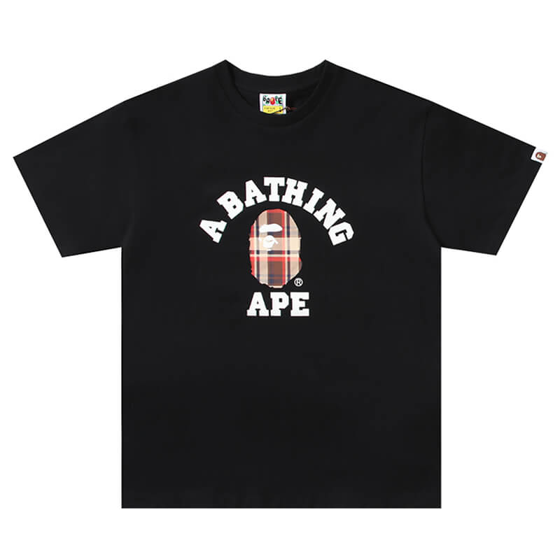 BAPE Plaid Ape Head College Logo Tee