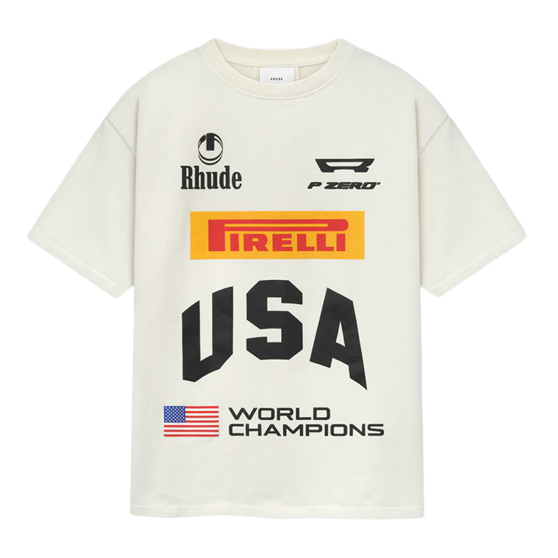 RHUDE Pirelli USA World Champions Tee – Black / Beige
